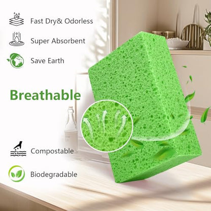 Cleaning and Washing Sponge, 3 Pack Large Extra Thick Heavy Duty Sponge Multi-Purpose for Kitchen Bathroom Bike Boat Car, Natural Cellulose Sponges 4" X 6" X 2" (Green) - color: A-green
