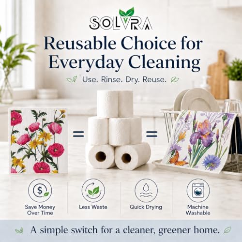 14 PCS Flower Print Swedish Dishcloths for Kitchen 100% Biodegradable, Reusable Cellulose Sponge Cloths Ultra Absorbent, Eco Friendly Cleaning Towels Dishcloths for Washing Dishes & General Cleaning - color: 14 Pcs-flowers Print