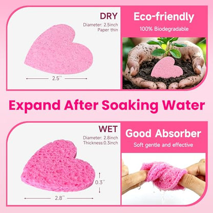 80-Count Compressed Cellulose Heart Shape Facial Sponges – 100% Natural Cosmetic Sponges for Gentle Facial Cleansing, Exfoliating, Makeup Remover & Mask Application, Reusable Travel Size