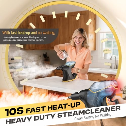 Heavy Duty Handheld Steam Cleaner, Multipurpose Pressurized Steam Cleaner with Continuous Steam & Safety Lock, 10S Fast Heating for Home, Car, Kitchen, Shower, Grout & Upholstery, 9 Accessories