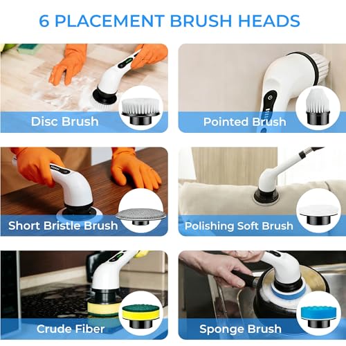 Electric Spin Scrubber with Long Handle，Cordless Bathroom & Kitchen Cleaner with 6 Replaceable Brush Heads，3 Adjustable Speeds for Tile Floor Tub Shower