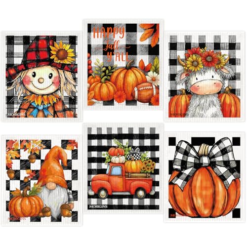 Autumn Fall Gnome Swedish Cloths for Kitchen, 6 Pack Pumpkin Reusable Paper Towels Washable，Swedish Dish Towels，Non-Scratch Cellulose Sponge Cloths，Biodegradable Cleaning Cloths 7 X 8 inch