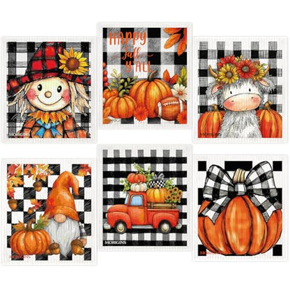 Autumn Fall Gnome Swedish Cloths for Kitchen, 6 Pack Pumpkin Reusable Paper Towels Washable，Swedish Dish Towels，Non-Scratch Cellulose Sponge Cloths，Biodegradable Cleaning Cloths 7 X 8 inch