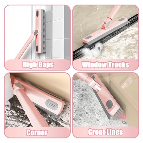 Floor Scrub Brush with Long Handle 58'’ Telescopic Handle 2 in 1 Scrape Brush, V-Shaped Corner Stiff Bristle Floor Scrubber with Squeegee for Cleaning Shower Bathroom Garage Kitchen Wall Tub Deck Tile