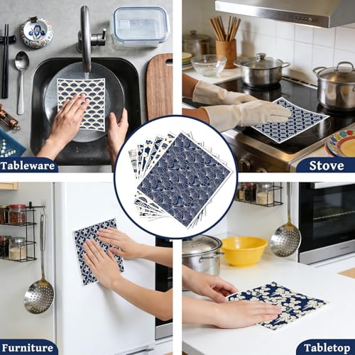 Swedish Dishcloths for Kitchen, 6 Pcs Reusable Blue Japanese Pattern Dish Cloths, Absorbent Cellulose Sponge Cleaning Towels Wipes for Cooking Home Decor Housewarming Gifts - style: Blue Japanese