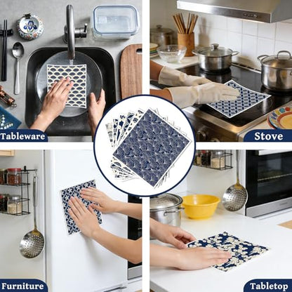 Swedish Dishcloths for Kitchen, 6 Pcs Reusable Blue Japanese Pattern Dish Cloths, Absorbent Cellulose Sponge Cleaning Towels Wipes for Cooking Home Decor Housewarming Gifts - style: Blue Japanese