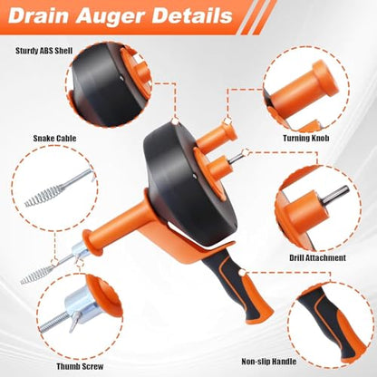 Drain Auger 25ft Clog Remover with Drill Adapter, Flexible Plumbing Snake for Kitchen, Bathroom & Shower Sinks, Hair Clog Remover, Manual or Drill Powered, Full-Set Included