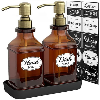LMQML Soap Dispenser - 2 Pack, Antique Design Thick Amber Glass Hand Soap Dispensers with Sturdy Tray; 304 Rust Proof Stainless Steel Black Pump, 12Pcs Stickers, for Kitchen, Bathroom - Brushed Gold - color: Brushed Gold