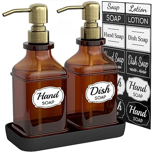 LMQML Soap Dispenser - 2 Pack, Antique Design Thick Amber Glass Hand Soap Dispensers with Sturdy Tray; 304 Rust Proof Stainless Steel Black Pump, 12Pcs Stickers, for Kitchen, Bathroom - Brushed Gold - color: Brushed Gold