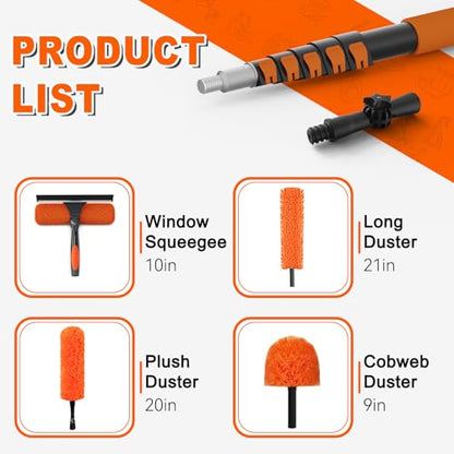 SISUPASSIE 30FT Reach High Ceiling Duster Kit, Window Cleaning kit with 5-24FT Extension Pole, Fan Duster for Ceiling Fan Blades, Microfiber Feather Duster, Rotatable Window Squeegee and Cobweb Duster - size: 24FT