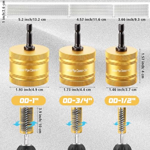 Sabary 1/2" & 3/4" & 1" Metal Copper Pipe Cleaner for Drill, with 1/4" Hex Shank & 6 Brush Blades & 6 Pipe Cleaning Brushes, Replacement Plumbing Tools for Cleaning Polishing Removing Rust