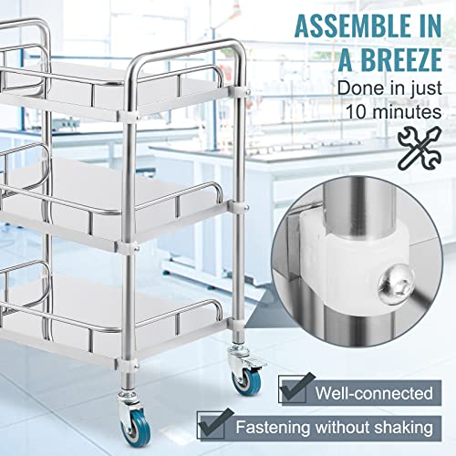 VEVOR Lab Rolling Cart, 3-Shelf Stainless Steel Rolling Cart, Lab Serving Cart with Swivel Casters, Dental Utility Cart for Clinic, Lab, Hospital, Salon, 26.38"x15.55"x34.13" - size: 3-tier shelves