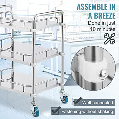 VEVOR Lab Rolling Cart, 3-Shelf Stainless Steel Rolling Cart, Lab Serving Cart with Swivel Casters, Dental Utility Cart for Clinic, Lab, Hospital, Salon, 26.38"x15.55"x34.13" - size: 3-tier shelves