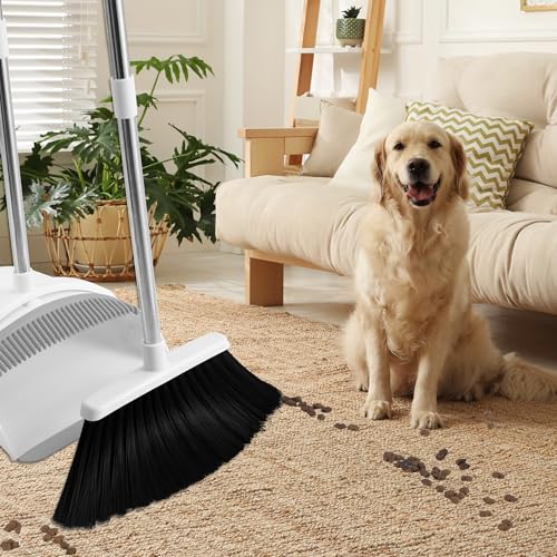 Broom with Dustpan Combo Set for Home, 52-in Long Adjustable Handle Angle Broom and Dustpan Set with Dustpan Comb Teeth for Sweeping Pet Hair Food Dirt Kitchen (White-Grey) - color: White-grey