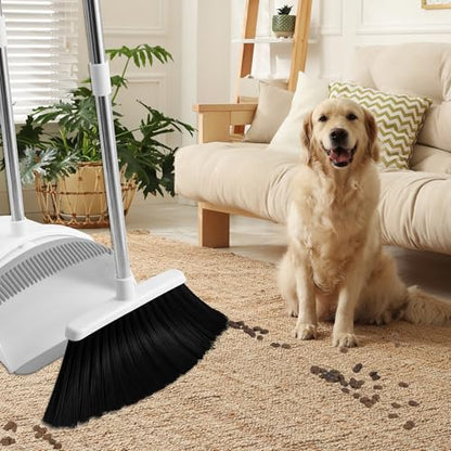 Broom with Dustpan Combo Set for Home, 52-in Long Adjustable Handle Angle Broom and Dustpan Set with Dustpan Comb Teeth for Sweeping Pet Hair Food Dirt Kitchen (White-Grey) - color: White-grey