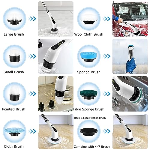 Moclever Electric Spin Scrubber 8 in 1 Electric Cleaning Brush, Cordless Rechargeable Telescopic Shower Scrubber 2 Speed Adjustable Handle Power Scrubbers for Bathroom, Tub, Floor Tile, Car