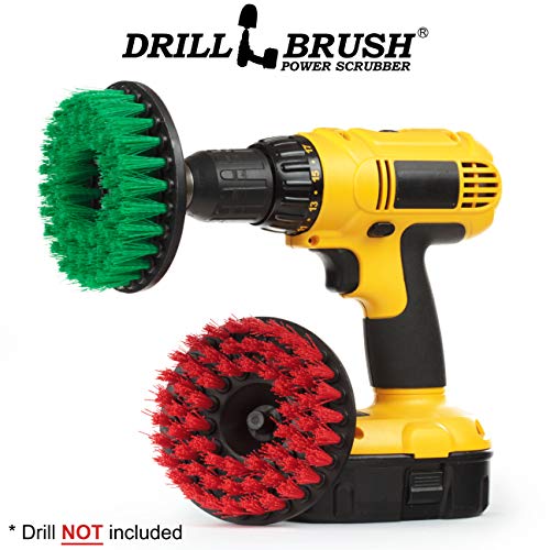 Drill Brush - Cleaning Supplies - Medium and Stiff Bristle Brush Kit - Spin Brush - Grout Cleaner - Tile, Counter-tops, Stove, Oven, Sink, Trash Can, Floors - Concrete Swimming Pools, Garden Fountains - color: Green / Red