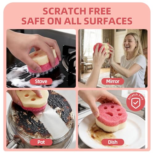 Cleangor 4pcs Scrub Sponges, Dual-Sided Temperature-Controlled Dish Sponges, Scratch-Free, Easy to Clean, Kitchen Cleaning Sponges for Tough Stains, Delicate Surfaces, Glassware, Cookware, Appliances
