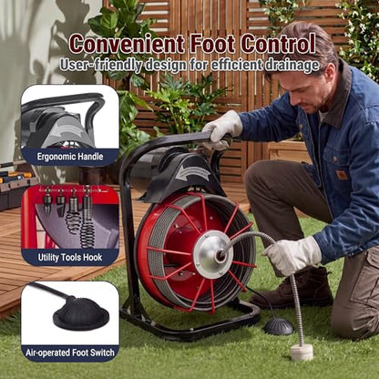 75FT x 1/2 Inch Drain Cleaner Machine, Manual Feed Electric Drain Auger for 2"-6" Pipes, Sewer Snake Auger with 4 Cutters & Pneumatic Foot Switch - style: 75FT x 1/2inch