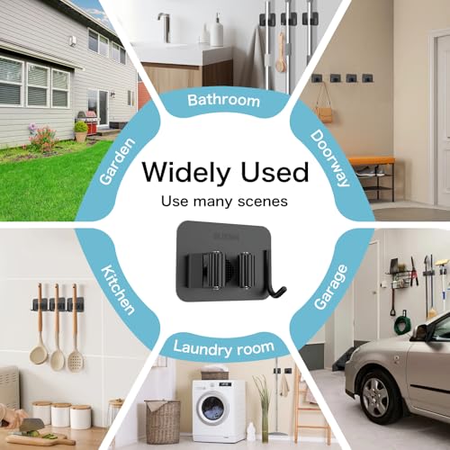 nacena 4 Pack No Drill Self Adhesive Broom Mop Holder Wall Mount with Hooks, Heavy Duty Stainless Steel Organizer for Kitchen Bathroom Garage Storage, Black - color: Matte Black-4 Packs