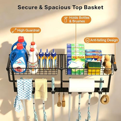 Broom Holder Wall Mount, Broom and Mop Organizer Wall Hanging with Paper Towel Holder & Removable Anti-fall Basket, Wall Mount Cleaning Supplies Organizer for Laundry Room, Apartment, Utility Room