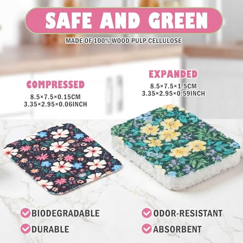 Hahafelt 36 Counts Compressed Cellulose Sponges Bulk Craft Pop up Floral Pattern Natural Kitchen Compostable Non Scratch Dish Sponges for Washing Dishes, Cleaning Countertop Sink - style: Floral