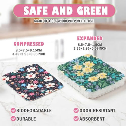 Hahafelt 36 Counts Compressed Cellulose Sponges Bulk Craft Pop up Floral Pattern Natural Kitchen Compostable Non Scratch Dish Sponges for Washing Dishes, Cleaning Countertop Sink - style: Floral