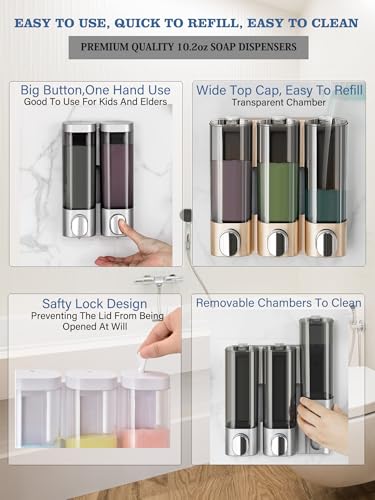 RANKADO Luxury Shower Soap Dispenser Bathroom with Tray,Drill Free Shampoo and Conditioner Dispenser with Mounting Tapes,Shower Soap Dispenser with Labels,Shampoo Dispenser for Shower Wall (Gold) - color: 300ml X 3（gold）