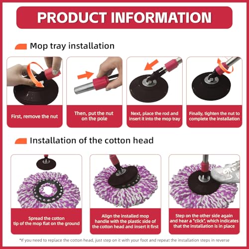 Spin Mop Replacement Handle 360 Degree Spin Mop Pole Handle Replacement Rotating Telescopic Stick for Mop Head, Ideal for Home and Household Cleaning - color: Red, style: Plastic Disc