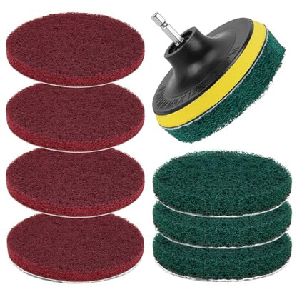 4-Inch Scrub Drill Brush Power Scouring Pads Household Cleaning Set 4 Red Pads 4 Green Pads 1 Drill Attachment and 1 Universal Shaft for Kitchen Bathroom Tiles Bathtubs Glass Porcelain
