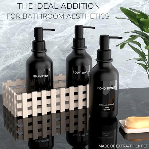 Modern Shampoo and Conditioner Dispenser - Shower Soap Dispenser Wall Mounted - 16 oz Set of 3 Plastic Black Bottles with Black Pumps - Stylish Shampoo Dispenser, Shower Dispenser 3 Chamber No Drill - color: Black