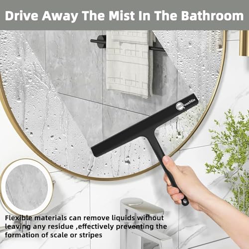 9 Inch Shower Squeegee with Hook - Heavy Duty Glass Door Scraper for Streak-Free Cleaning, Tile Walls, Shower Glass & Car Windows - Rustproof Rubber Blade & Secure Storage (Black) - size: Square Headed-9 inch