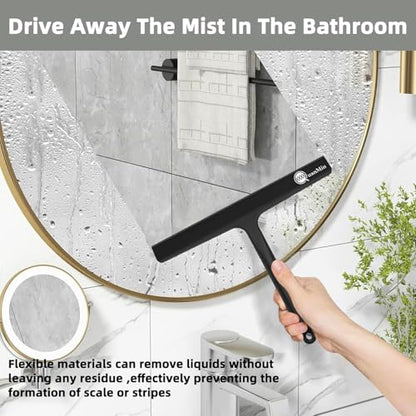 9 Inch Shower Squeegee with Hook - Heavy Duty Glass Door Scraper for Streak-Free Cleaning, Tile Walls, Shower Glass & Car Windows - Rustproof Rubber Blade & Secure Storage (Black) - size: Square Headed-9 inch