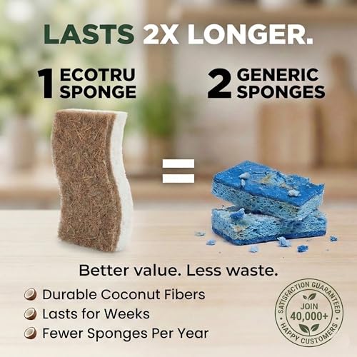 6 Pack Natural Kitchen Sponges, Compostable White Cellulose & Organic Coconut Scrubber Sponge for Washing Dishes, Kind Eco Friendly Non Toxic & Biodegradable Dishwashing Sponges