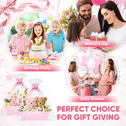 AFOROEOA 10PACK Pink Baskets For Gifts Empty, 10x12” Thick Gift Basket with 10 Bows 10 Bags Empty Gift Baskets for Christmas, Valentine’s Day, Easter, Birthdays, Valentine’s Day Wrapping Gift - color: 10 Pink