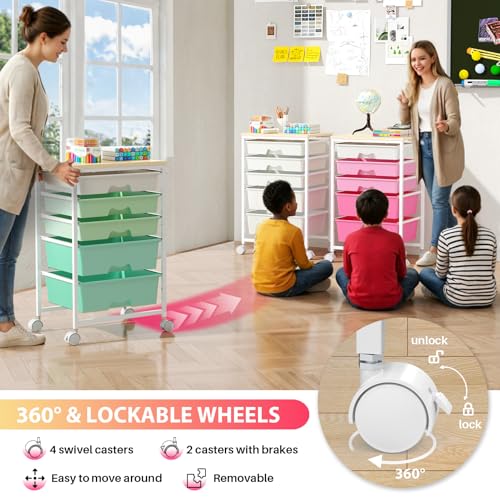 Goovilla Rolling Cart with Drawers, Utility Cart Organizer With 5 Removable Drawers and Wooden Tabletop, Lockable Rolling Storage Organizer for Art, Classroom, Home, Dorm, Office, Craft Storage, White - size: White