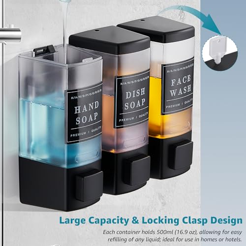 Shampoo and Conditioner Dispenser for Shower,3 Chamber, Black | Wall Mounted, No Drill, 3×16.9oz,ABS Plastic Material,Refillable With Labels, For Bathroom Hotel - color: Black
