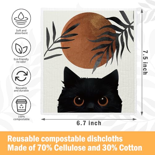 Boho Sun Black Cat Swedish Dishcloths 2 Pack, Reusable Cellulose Sponge Cloths for Kitchen Cleaning, Cute Cat Printed Dish Rags for Kitchen Washing Dishes and Counters
