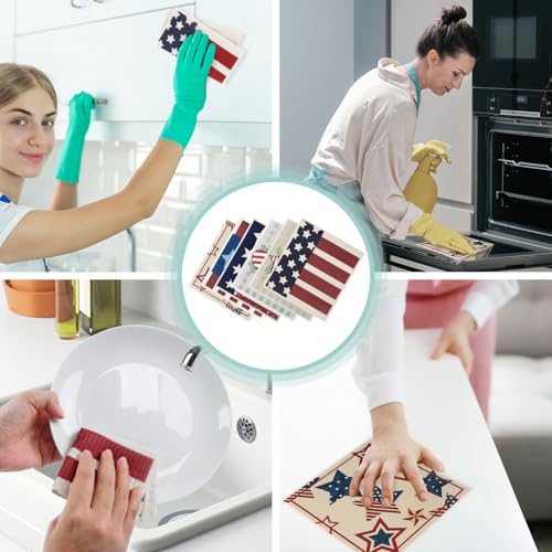 4th of July 6 Packs Swedish Kitchen Dish Cloths - American Flags Reusable Paper Towels for Counters & Dishes - Eco-Friendly Cellulose Sponge Cloth - color: J-flag
