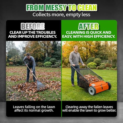 PPOLB 26" Push Lawn Sweeper, 7 cu.ft Large Capacity Yard Sweeper Push, 5:1 High-Density 4 Brushes, Adjustable Height, Heavy Duty Leaf Collector with Detachable Hopper, Rubber Wheels, Ergonomic Handle - color: Orange