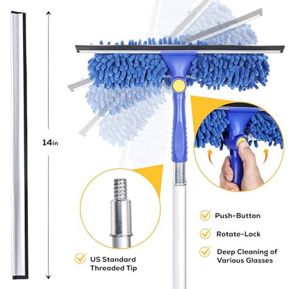 Kleen Handler 2-in-1 Window Squeegee with 4–12 ft Telescopic Extension Pole, Window Washing Kit for Home & Commercial Glass Doors, High Windows, 2 Sleeves Included
