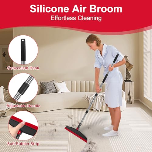 Broom with Dustpan Combo Set and Silicone Air Broom Kit, 51" Long Handle Floor Squeegee, Red Household Kit for Glass Window Rugs Pet Hair Home - color: Red