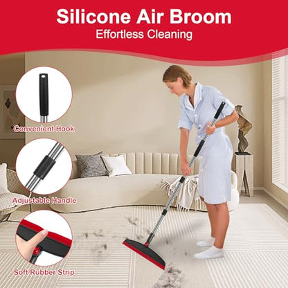 Broom with Dustpan Combo Set and Silicone Air Broom Kit, 51" Long Handle Floor Squeegee, Red Household Kit for Glass Window Rugs Pet Hair Home - color: Red