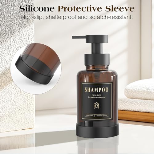 Luxspire Foaming Soap Dispenser, Glass Foam Pump Soap Dispenser, Non-Slip Hand Soap Bottle with 5 Waterproof Labels, 15 Oz Refillable Liquid Soap Bottle for Bathroom & Kitchen, Amber, 2 Pack - color: Amber