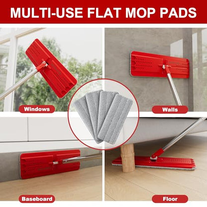 BOSHENG Flat Mop Pads, Reusable Mop Cleaning Refills, Microfiber Pads for BOSHENG Flat Mop or Mop Bucket System, Pack of 4 Washable 13-Inch Mop Heads - Grey