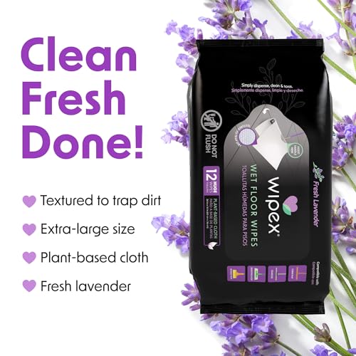 Wipex XL Wet Floor Wipes for Squeegee Stick, Cuban Mop or Sweeping Mop, Plant Based Multi Surface Cleaning Wipes, Lavender Scent, Huge Disposable Wipes (24" x 14"), Extra Thick, 12 Count (Pack of 1) - size: 12 Count (Pack of 1)