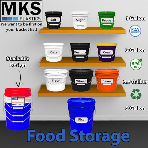 MKS Plastics 5-Gallon Bucket with Airtight Lid – Made in USA, Food Grade BPA Free Plastic, Heavy Duty Multi-Use, Metal Handle with Grip, Stackable Storage – Blue, 6 Pack - color: Blue, size: 6