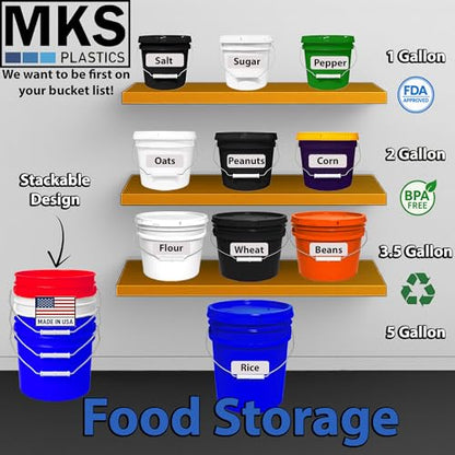 MKS Plastics 5-Gallon Bucket with Airtight Lid – Made in USA, Food Grade BPA Free Plastic, Heavy Duty Multi-Use, Metal Handle with Grip, Stackable Storage – Blue, 6 Pack - color: Blue, size: 6
