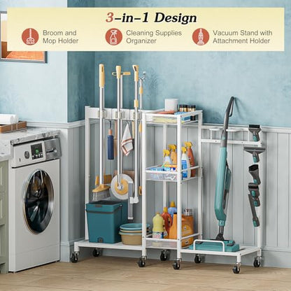 Broom Holder with Cleaning Supplies Organizer, Broom Closet Storage Cabinet with Cleaning Caddy Vacuum Stand, Cleaning Cart with Mop Hanger Gripper Rack Hook, Laundry Room Organization Home Essentials - color: White