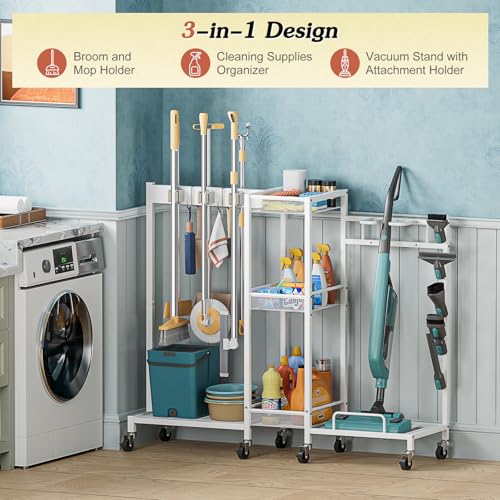 Broom Holder with Cleaning Supplies Organizer, Broom Closet Storage Cabinet with Cleaning Caddy Vacuum Stand, Cleaning Cart with Mop Hanger Gripper Rack Hook, Laundry Room Organization Home Essentials - color: White